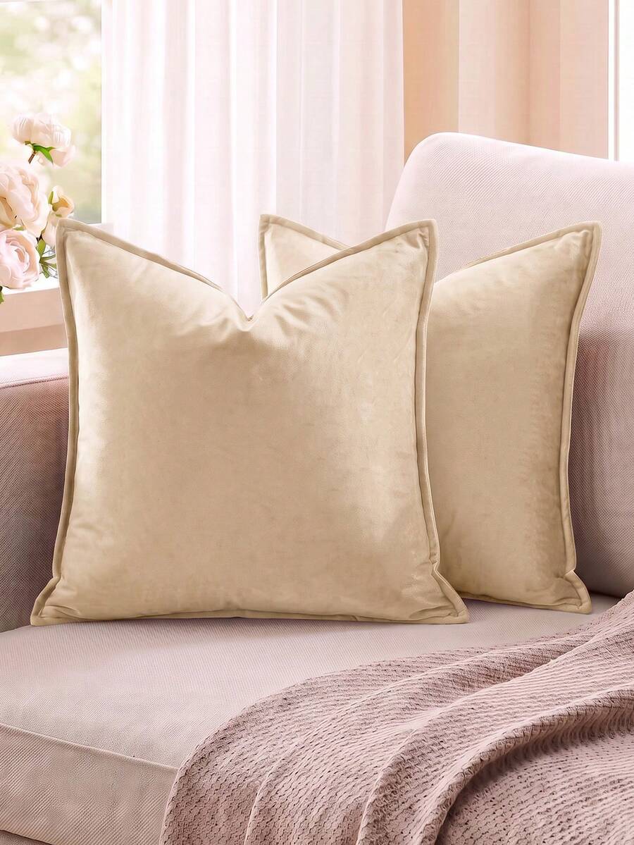 2pcs Nordic Minimalist Solid Color Falbala Plush Throw Pillow Covers (Pillow Inserts Not Included), Square Cushion Covers, Holiday Home Decor Pillows, Soft Comfortable Linen-Like Fabric, Modern Sofa, Home Bedroom Dorm Use