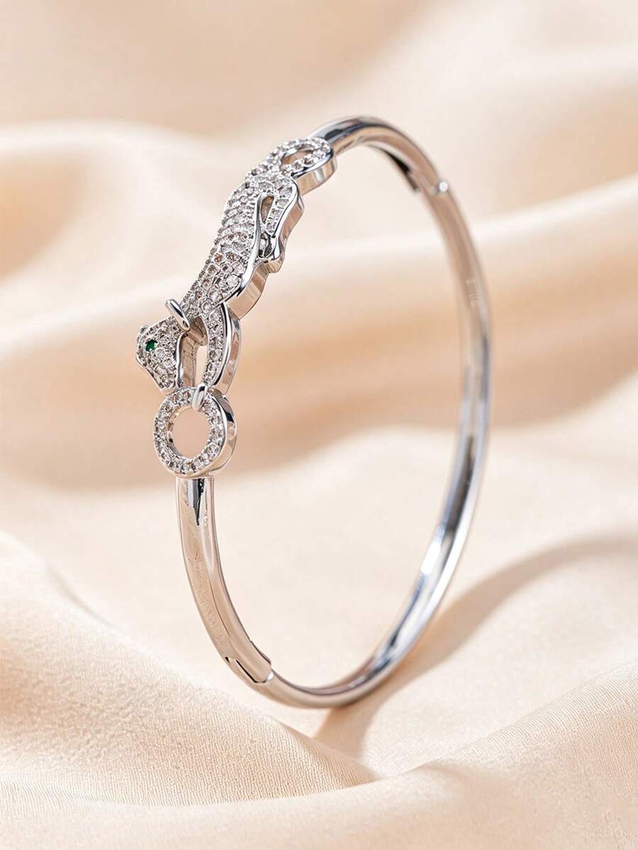 1 pieza Brazalete de puño inspirado en animales con adorno de strass, accesorio de joyería de declaración para mujeres - Plateado - Ver 1