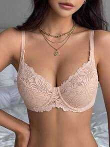 DAZY Women's Lace Patchwork Jacquard Wave Pattern Underwire Supportive Push-Up Bra - Apricot - View 1