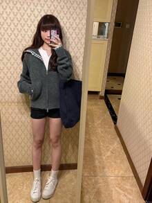 Women's Gray Double Zipper Cardigan Patchwork Plaid Hooded Sweater Jacket, Loose Lazy Design Top For Spring And Autumn - Grey - View 2