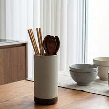 One-Piece Molded Minimalist Clay Ceramic Tableware Storage Canister With Wooden Base, Storage Jar, Kitchen And Living Room Vase Decor, Suitable For Home, Restaurant, Decorative Storage Box, Christmas Gift - View 6
