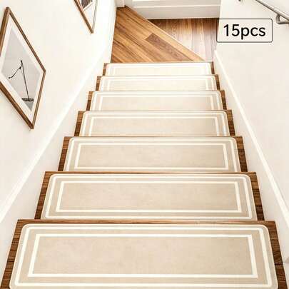 Beige Stair Tread Mats For Indoor, White Border Minimalist Stair Treads Non-Slip Carpet Set, Washable Stair Tread Covers And Step Rugs For Wooden Steps, Marble, Tile Staircases, Modern Hallway Decor, Stair Room Decor, Home Decor And Accessories