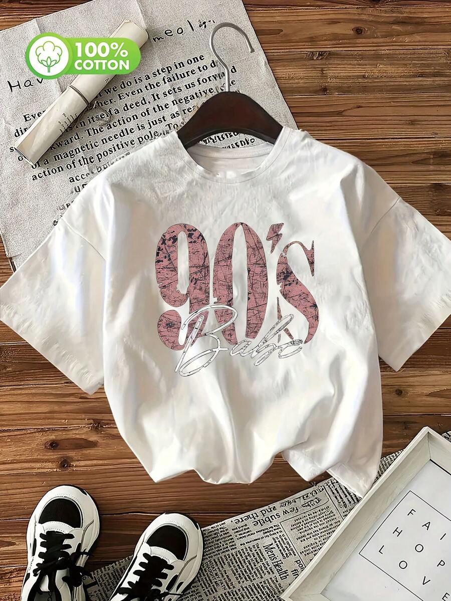 Women's Plus-Size 90s Retro Print T-Shirt – Casual Short-Sleeve Washed Top With Large Vintage Lettering – 100% Cotton – Suitable For All Seasons - White - View 1