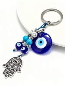Evil Eye Hamsa Hand Keychain, Turkish Blue Evil Eye Beaded Key Ring, Lucky Protection Amulet Pendant, Car Key Bag Charm, Spiritual Good Luck Gift - Multicolor - View 7