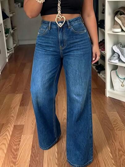 Washed Denim High Waist Draped Wide Leg Long Casual Jeans Plus Size Women's Denim Pants Fall