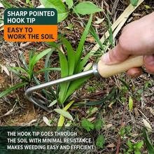 1pc Durable Stainless Steel V-Shaped Double Hook Weeder With Ergonomic Solid Wood Handle, Efficient Weeding Tool For Lawn Care - Multicolor - View 3