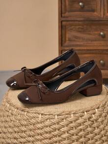 MonaNise Square Toe Low Block Heel Work Pumps - Brown - View 5