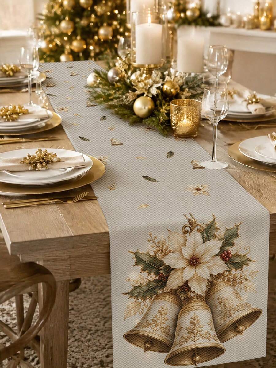 聖誕餐桌桌巾、抱枕、餐墊,復古金箔鈴鐺與紅色冬青莓印花,廚房與餐廳節日桌面裝飾 - 彩色 - 查看 1
