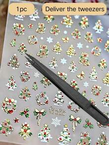 1/2pcs Mini Leaf & Flower Wreath Printed Decorative Stickers + Tweezers Set, Multiple Options Green & Gold Color Small Tree Bow Snowflake Pattern Waterproof Self-Adhesive Decor, Universal For Glass Cups Laptop White Speakers, Portable Items Luxury Atmosphere Beautifying Stickers - Christmas Fairy Tale Stickers - View 12