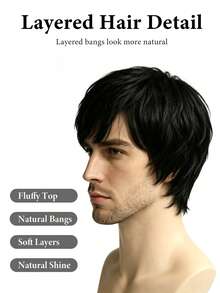 Men Short Layered Wig With Side Fringe, Trimmable Natural Synthetic Heat Resistant Hair Wig, Breathable Wig Cap For Daily Wear & Costume - Multicolor - View 4