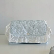Korean Floral Quilted Storage Basket With Lace Ruffle, Snap Button Flip Cover Fabric Organizer Bin, Multi Functional Storage Bag For Bedroom Travel - Baby Blue - View 13