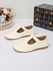 1 Pair Beige Girls' Slip-On Shoes, Non-Slip Flat Sole, Fashionable Minimalist Shiny Solid Color Elegant Campus Shoes, PU Material, Hook And Loop Closure, Round Toe Design, Suitable For Campus, All Seasons, Daily Wear And Formal Occasions - Beige - View 7
