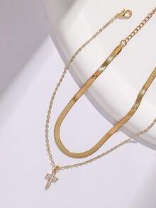 Women's Anklet Set, Summer Beach Layered Style, Herringbone Flat Snake Chain, Ultra-Thin O-Link Chain With Zirconia Cross Pendant, Daily Accessory Gift - Yellow Gold - View 5