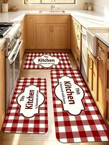 Red Buffalo Plaid Kitchen Mat, Printed With "This Kitchen Is Seasoned With Love" Letter Pattern, Non-Slip Washable Kitchen Rug Set, Farmhouse Style Sink Laundry Room Floor Carpet - Red and White Checkered Kitchen Slogan - View 6