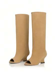 2025 New Kitten Heel Ruched Tall Stacked Boots Pointed Toe Over-The-Knee High Shaft Boots Vintage Wide Barrel Rider Boots - Khaki - View 6