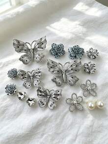 16pcs Insf Style Silver Gray Shoe Charms, DIY Polka Dot Large Butterfly Flower Heart Rhinestone Detachable Accessories, Multi-Functional Shoe Accessories, Suitable For Sandals, Slippers And Beach Bags - Multicolor - View 2