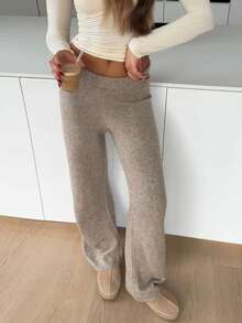 Minimalist Casual Warm Comfortable Women's Knitted Long Straight Leg Sweater Pants, Essential For Home Leisure In Autumn/Winter - Khaki - View 2