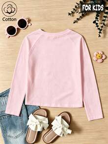 Autumn/Winter Ribbed Pure Cotton Long-Sleeved Top For Girls, Casual, Sporty And Preppy Style - Baby Pink - View 2