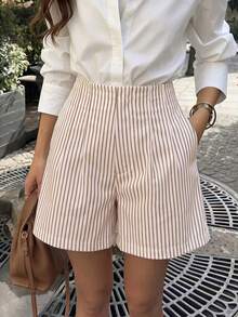 Women's Elegant Pleated Apricot Striped Shorts, Fashion Straight Leg Non-Stretch With Pockets, Commute Striped Shorts, Office Versatile Shorts - White - View 6
