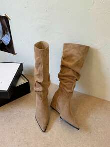 Sepatu Boots Wanita Fashion Tinggi dengan Lengan, Ujung Runcing, Hak Wedges, Bagian Atas Lembut Berkerut, Shaft Bertumpuk, Slip-On, Kasual untuk Musim Gugur/Dingin - Aprikot - View 4