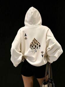 Women's Drawstring Pocket Hooded Sweatshirt, Leopard Print Bird & Letter Graphic On Chest, Soft Fabric, Loose Fit Casual Sweatshirt For Autumn/Winter - Apricot - View 7