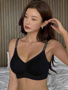 DAZY Non-Underwire Jelly Soft Support Camisole Lettered Shoulder Strap Anti-Sagging Racerback Seamless Bra - Black - View 5
