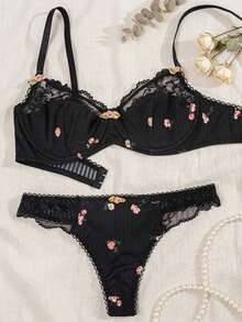 DAZY 1set Women's Black Floral Lace Trim Bra Set, Lingerie - Black - View 8