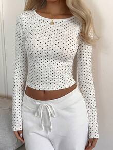 Women's Fitted Thermal Polka Dot Crew Neck Long Sleeve Top, Soft Warm Casual Slim Fit Shirt For Fall Winter, White, Holiday Outfit - White - View 6