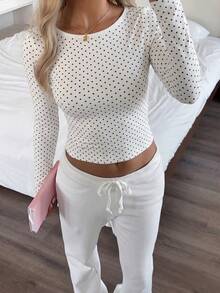 Women's Fitted Thermal Polka Dot Crew Neck Long Sleeve Top, Soft Warm Casual Slim Fit Shirt For Fall Winter, White, Holiday Outfit - White - View 2