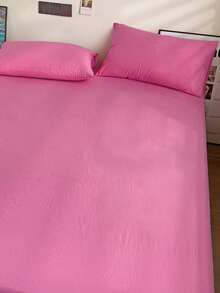 Rose Red Solid Color Skin-Friendly Brushed Bed Sheet Set (1*Bed Sheet + 2*Pillowcases), Suitable For Bedroom And Guest Room, All Season Use, Machine Washable, Dark Green/Blue/Dark Brown/Burgundy/Pale Yellow/Coffee Brown/Light Gray Purple/White - Rose Red - View 6