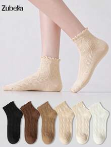 6 Pairs Women's Wood Frill Trim Socks, Spring/Autumn Mid-Calf Solid Color Short Socks, Stacked Socks, Seamless White Socks, Soft Comfortable Fashion Sweet, Suitable For Home, Outings, Sports, Various Occasions - Multicolor - View 6