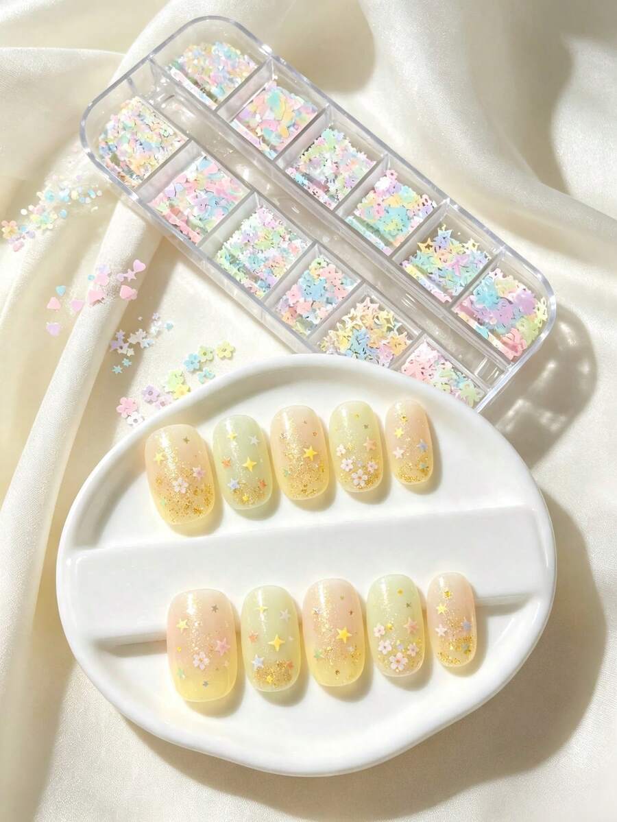 12格盒裝馬卡龍星花美甲亮粉,糖果色混色亮片,手工DIY可穿戴美甲裝飾配件 - 彩色 - 查看 1