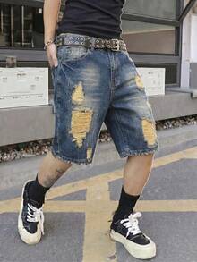 Teen Boy's Washed Vintage Comfortable Straight Leg Distressed Denim Shorts - Dark Wash - View 3