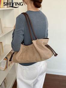 1pc Solid Color Suede New Women's Backpack, One Shoulder Bag, Fashionable Large Capacity Tote Bag, Suitable For Commuting, Shopping, Dating - Multicolor - View 9