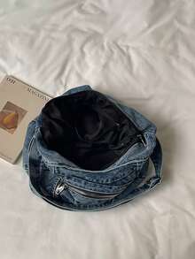 Washed Distressed Denim Crossbody Bag For Women, Multi-Zipper Pockets Large Capacity Vintage Hobo Utility Style Bag, Can Fit Tablet, Umbrella, Cosmetics And Other Daily Essentials. - Baby Blue - View 10