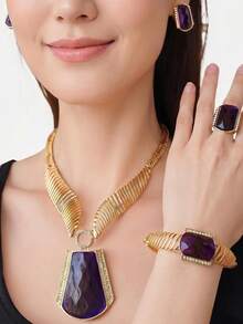 High Quality Woman Jewelry Set Luxe Gold-Tone Deep Purple Gemstone Jewelry Set: Statement-Making Necklace, Earring,Make You Shine At Every Big Event! - Necklace + Earrings + Ring + Bracelet - View 9