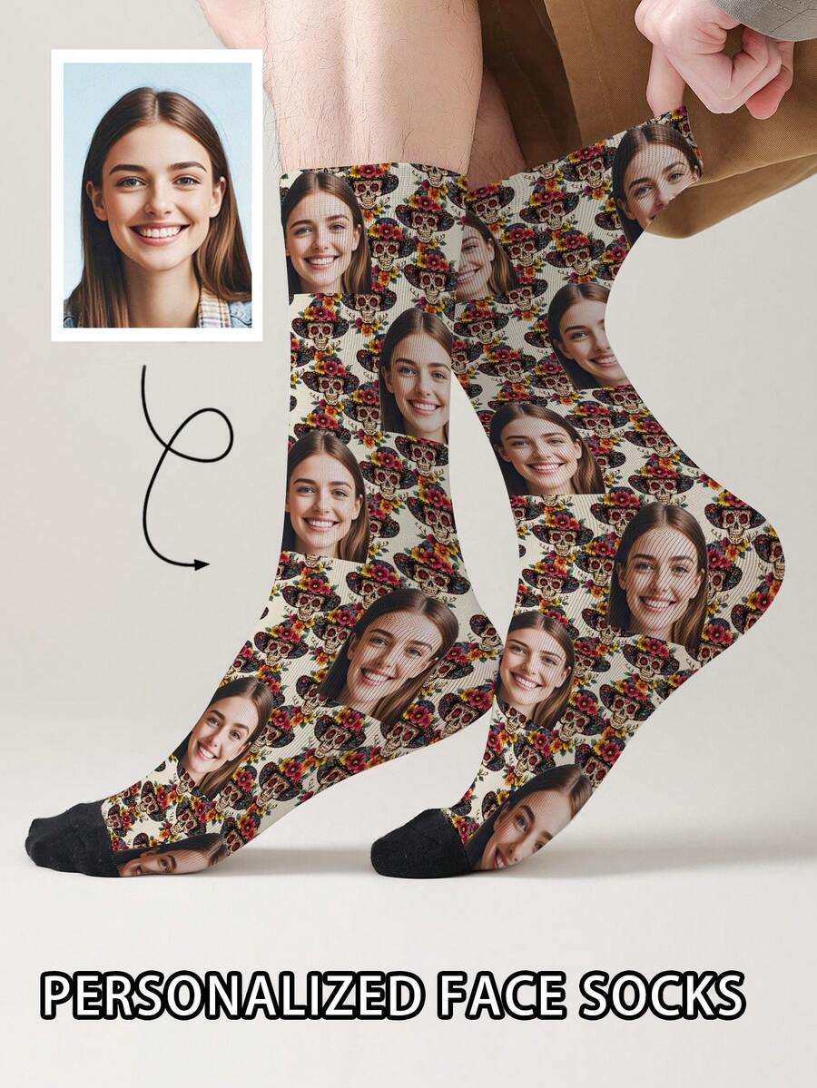 1 Pair Customizable Men's Mid-Calf Socks With Face Pattern, Personalized Photo Socks With Any Face Printed On Socks, Fun Custom Image Mid-Calf Socks, Suitable For Valentine's Day, Birthday, Gift-Giving, Day Of The Dead, Halloween And Other Occasions, Personalized Customization
