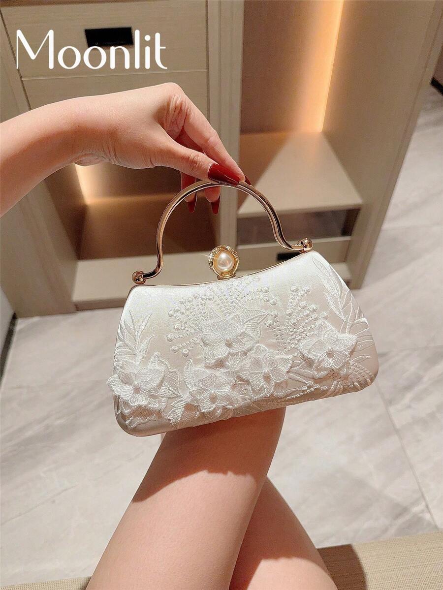 Moonlit Eve 手拿包 1件 白色復古精緻厚珠飾刺繡手提包，適合搭配女裝洋裝、旗袍、晚禮服，時尚優雅，適合正式場合、派對、婚禮與雞尾酒會
