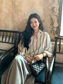 Kemeja Bergaris Tekstur Bordir Jacquard Gaya Korea, Atasan Longgar Desain Komuter - Aprikot - View 5