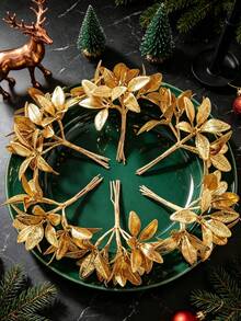 1/4/60pcs Artificial Apple Leaf Bouquet Artificial Flowers Autumn Decoration, Winter Decoration, Halloween Decoration, Christmas Decoration, Birthday Gift, Bedroom And Room Home Decoration Christmas Gift - Gold - View 1