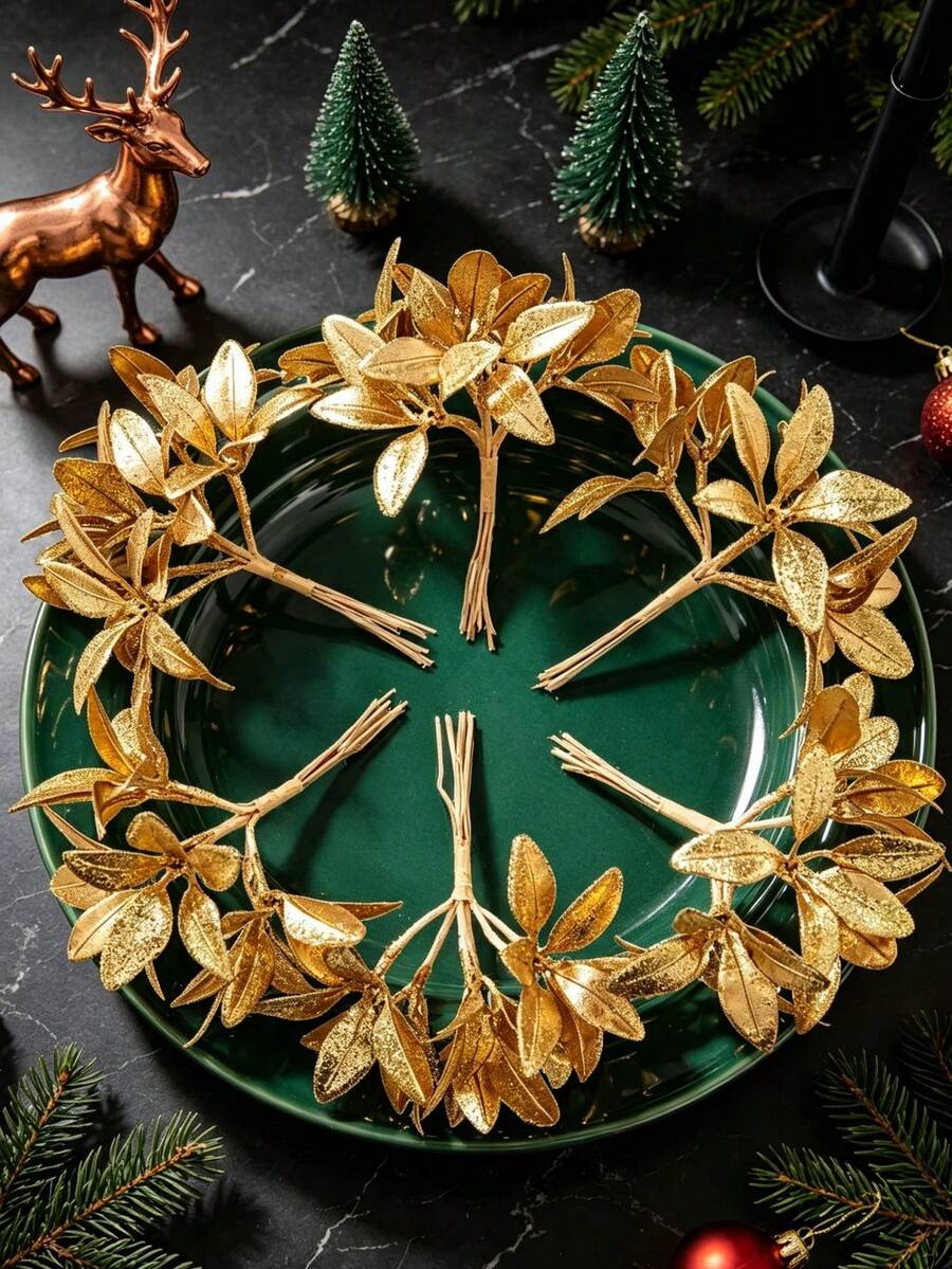 1/4/60pcs Artificial Apple Leaf Bouquet Artificial Flowers Autumn Decoration, Winter Decoration, Halloween Decoration, Christmas Decoration, Birthday Gift, Bedroom And Room Home Decoration Christmas Gift - Gold - View 1