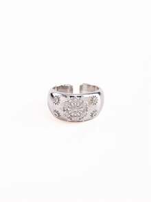 1pc Vintage Copper Inlaid Cubic Zirconia Star Flower Decor Open Cuff Ring For Women Daily Party Date Jewelry - Multicolor - View 5