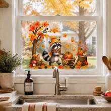 Autumn Window Clings, Cute Raccoon Pumpkin Maple Leaf Window Stickers, Fall Season Static Cling Glass Decals, Thanksgiving Harvest Window Decor For Home - Autumn Window Decals - View 2
