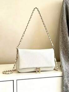 Winter New Classic PU Waterproof Leather Grain Long Shoulder Bag Crossbody Bag, Asymmetrical Flap Design Wallet, Suitable For Women Daily Shopping - White - View 3
