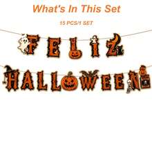 1 Set, Feliz Halloween Letter Banner, Spanish Halloween Paper Banner, Ghost Pumpkin Bat Skull Elements, Vintage Halloween Home Wall Party Decoration - Evil Pumpkin - View 3