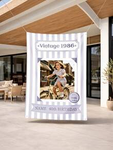 可客製化照片姓名年齡年份復古條紋生日快樂掛毯背景布，懷舊條紋背景主題設計，室內/室外使用，生日禮物、嬰兒洗禮、節日派對背景裝飾攝影橫幅，聚酯纖維材質 - E款 - 查看 4