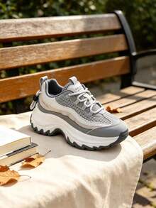 2026 Autumn/Winter New Chunky Sneakers, Thick Sole, Fashionable, Beautiful, Commuting, Outdoor, Travel, Campus, Versatile Lace-Up Gym - Grey - View 8