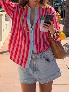 New Striped Contrast Color Front Button Pocket Button-Up Women's Shirt Vacation All-Season Top - Red - View 2