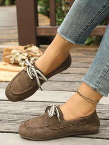 New Lace-Up Soft Sole Casual Flat Shoes, Spring/Autumn Suede Shoes - Coffee Brown - View 4