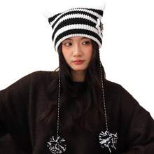 Yabby Style Handmade Cute Five-Star Cat Ear Striped Knitted Protective Headwear Women Ear Protection Windproof Woolen Hat - A - View 9